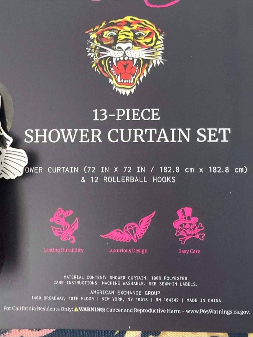 Ed Hardy Checkerboard Rose Shower Curtain Set - Black, White, Red. NEW
